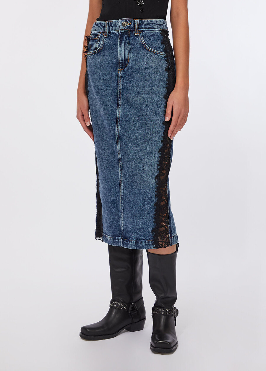 denim midikjol med spets