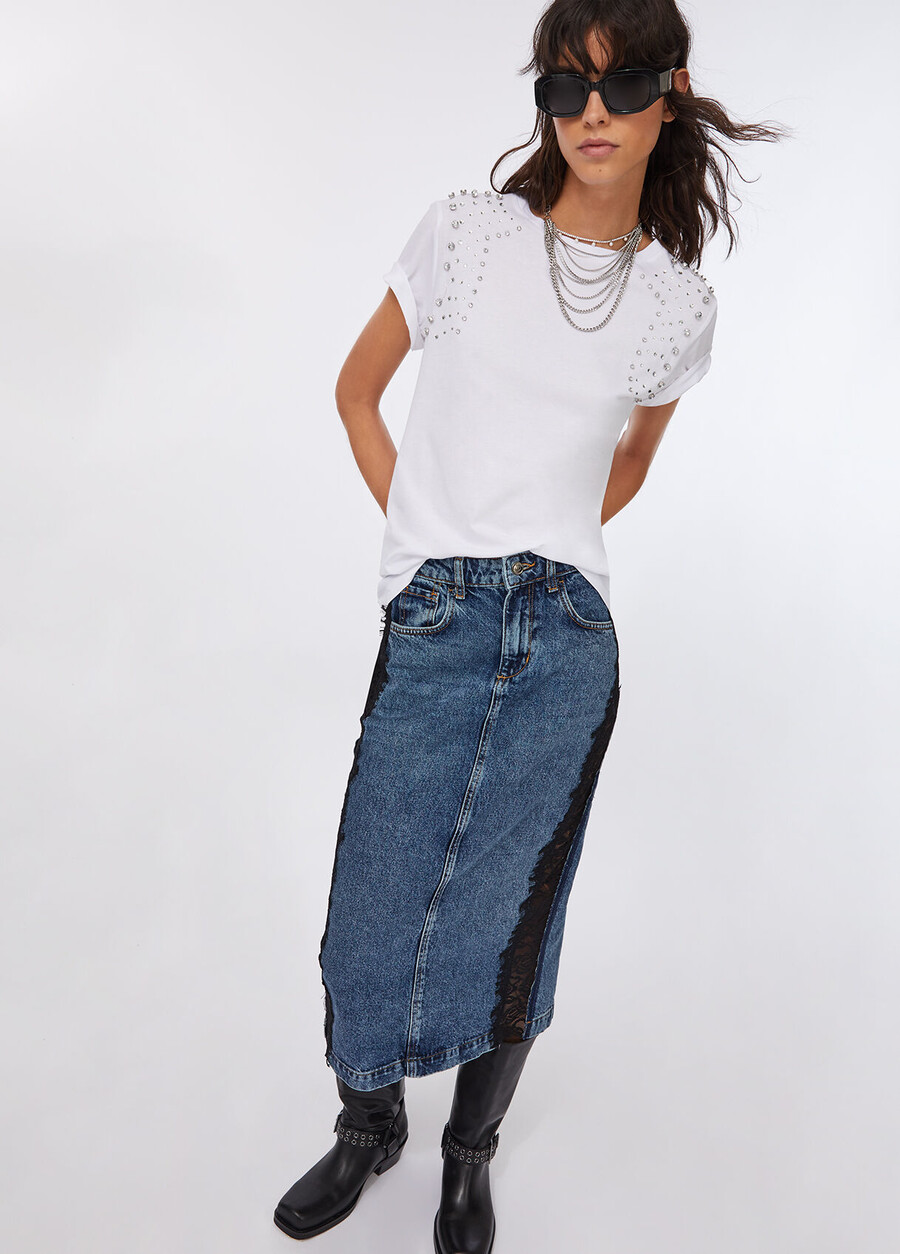 denim midikjol med spets