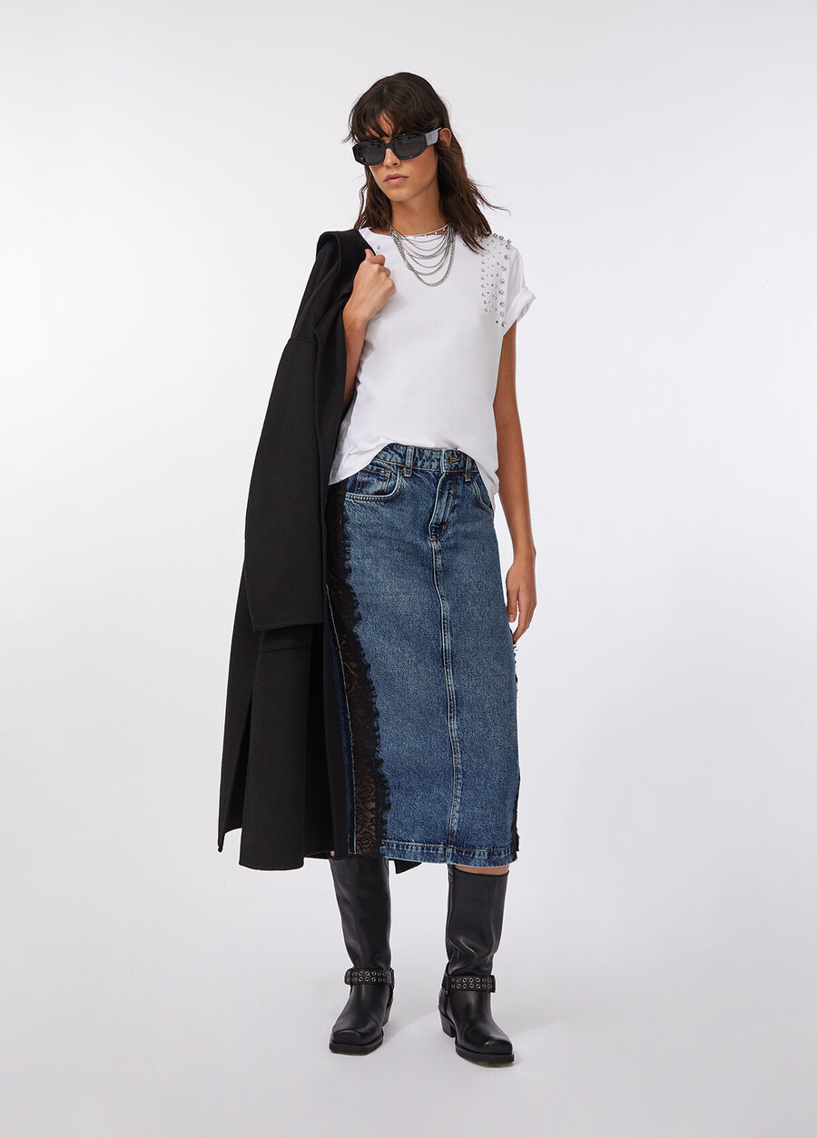 denim midikjol med spets